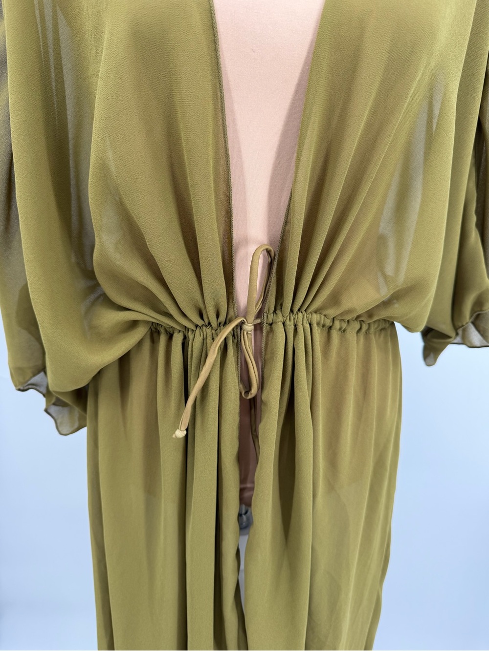 Olive Green Chiffon Maxi kimono Swim Cover Up S Resort Beach vacation flowy - Picture 9 of 12